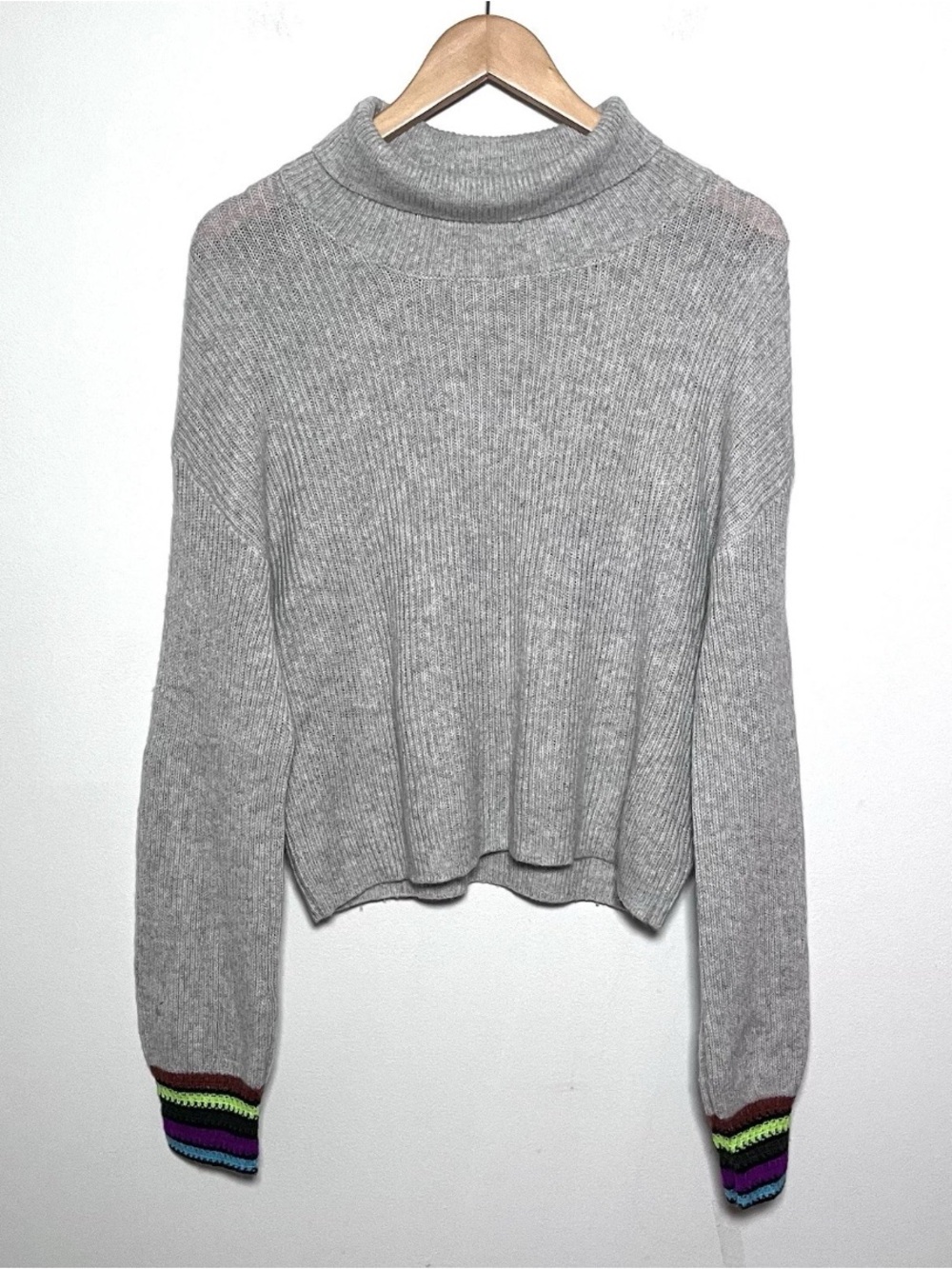 Lisa Todd Light Gray Ribbed Mock Neck Sweater with Multicolor Striped Cuffs